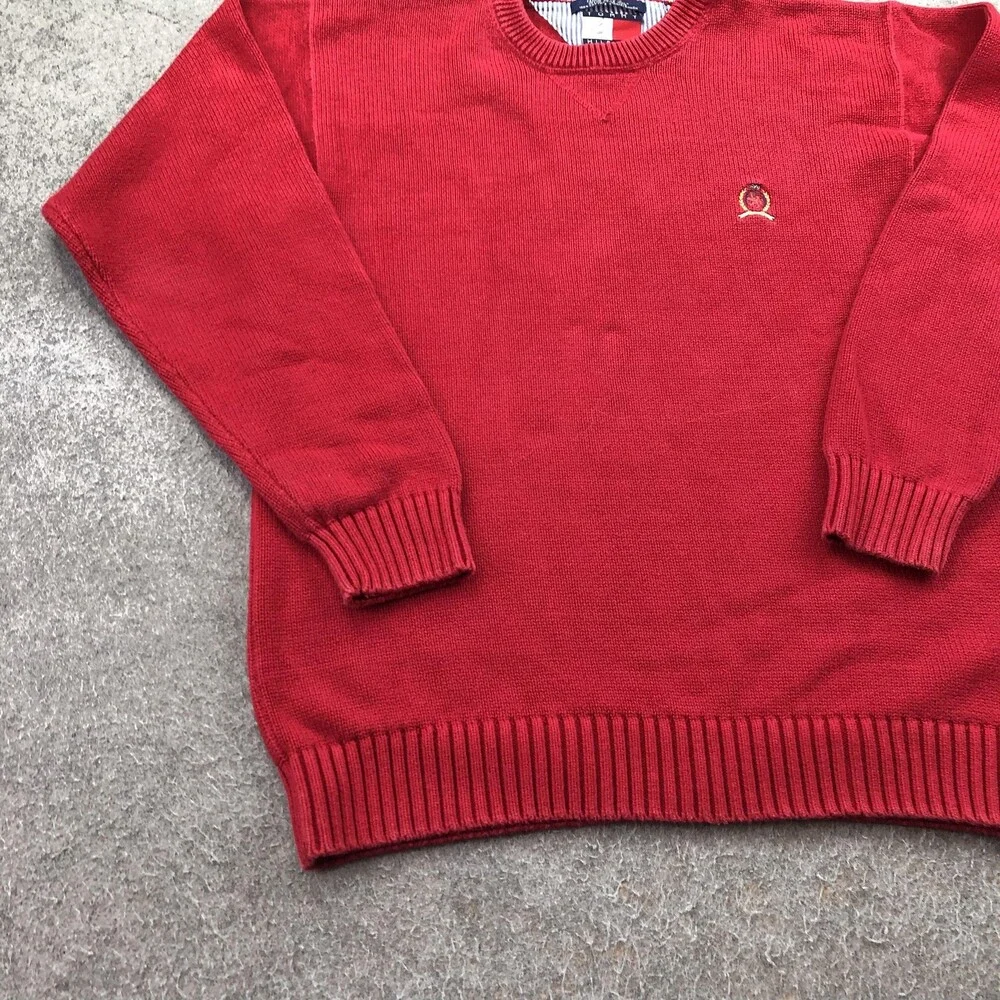 Vintage Tommy Hilfiger Sweater Mens Large Red Cotton Knit Crewneck Chest Logo